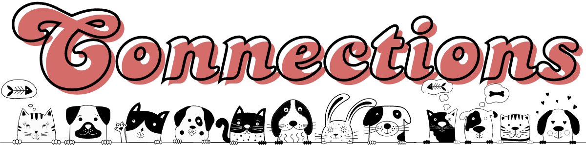 A whimsical black and white illustration of a dozen pets, only their paws and faces are showing. There is a mix of cats and dogs as well as one rabbit. A few have thought bubbles above their heads with images of a fish or dog bone. One dog has small hearts fluttering over its head. All of these small animals are standing closely to one another and looking at the viewer.